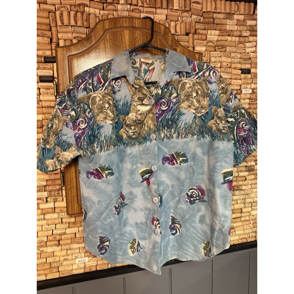 Vintage Denim Republic Lioness Grassy Print Cotton Graphic Print Shirt Sz M